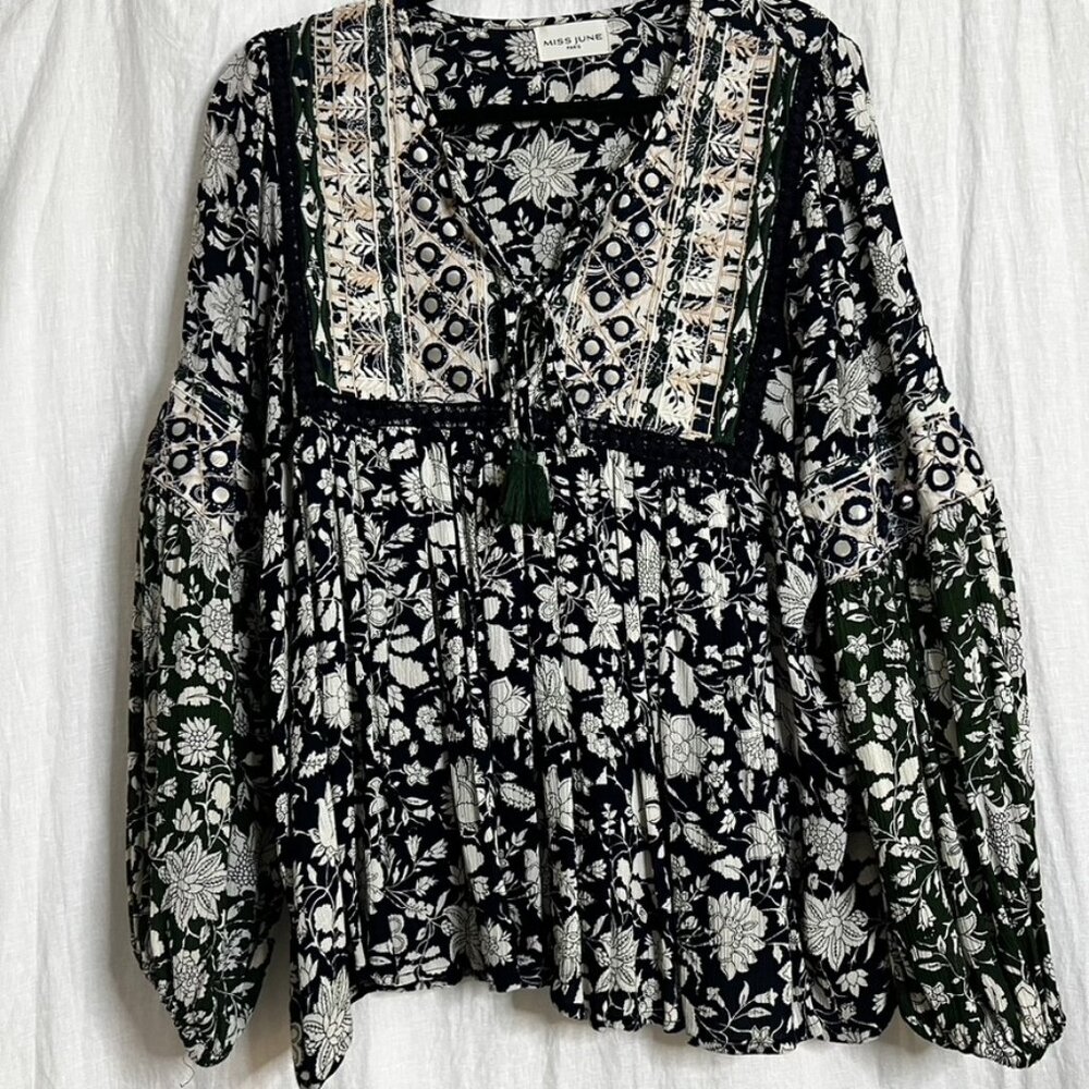 Miss June boho top navy and green OSFM